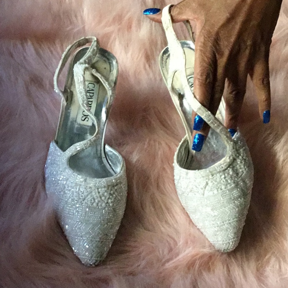 White pearl lace with cross side strap heels